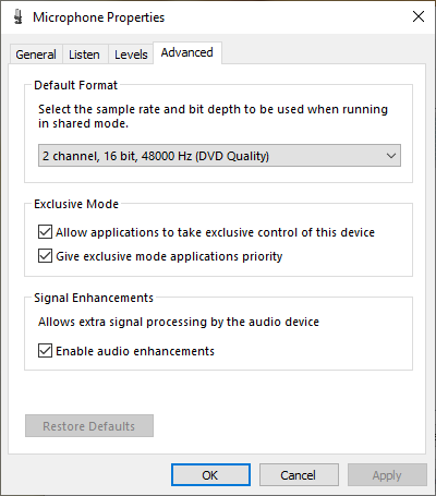 Windows Sound Panel - Advanced Microphone Settings